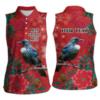 Tui Meri Kirihimete Personalised Women Sleeveless Polo Shirt Pohutukawa Flowers Red Motif - Polynesian Pride