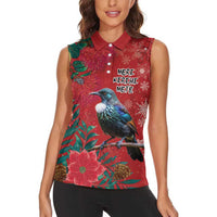 Tui Meri Kirihimete Personalised Women Sleeveless Polo Shirt Pohutukawa Flowers Red Motif - Polynesian Pride