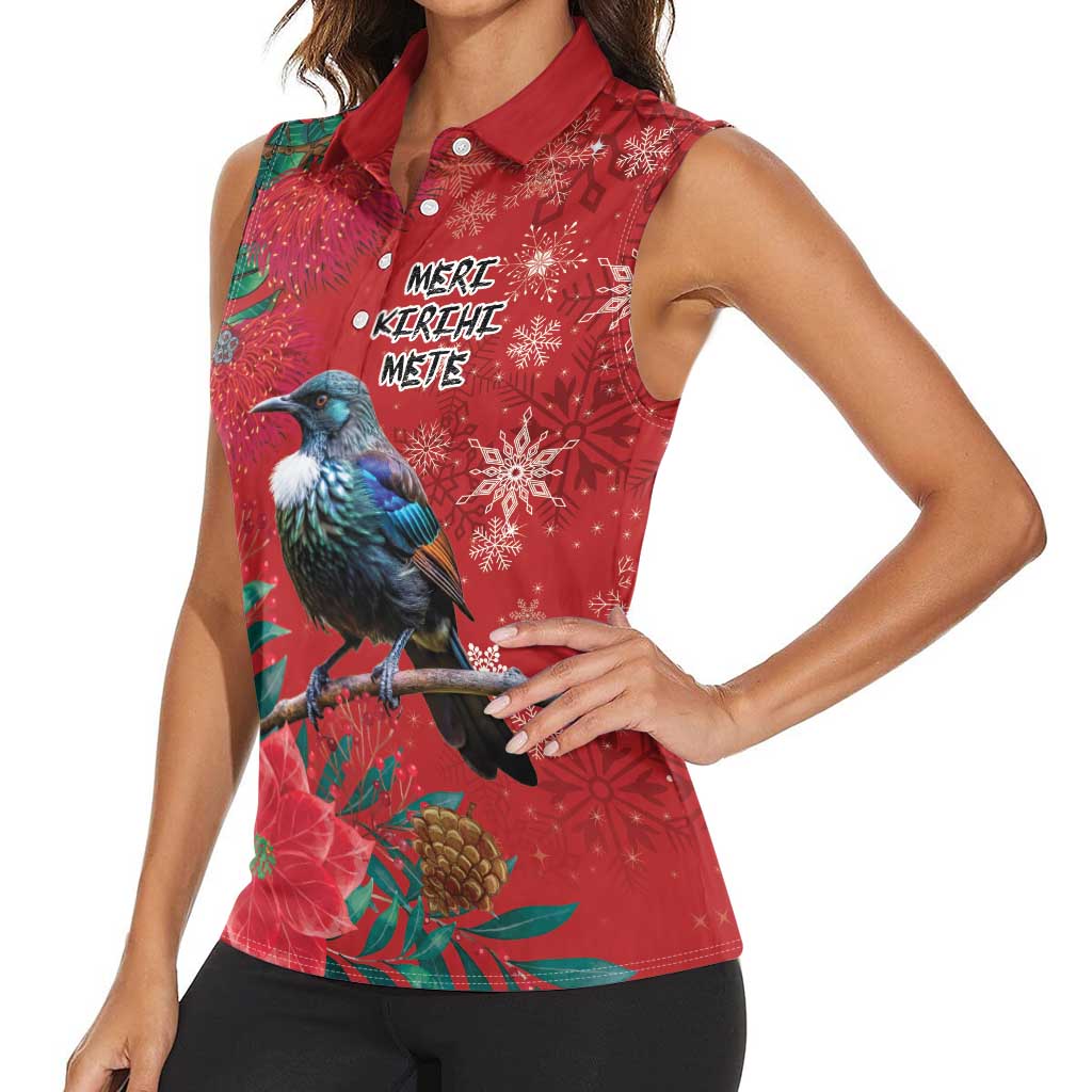 Tui Meri Kirihimete Personalised Women Sleeveless Polo Shirt Pohutukawa Flowers Red Motif - Polynesian Pride