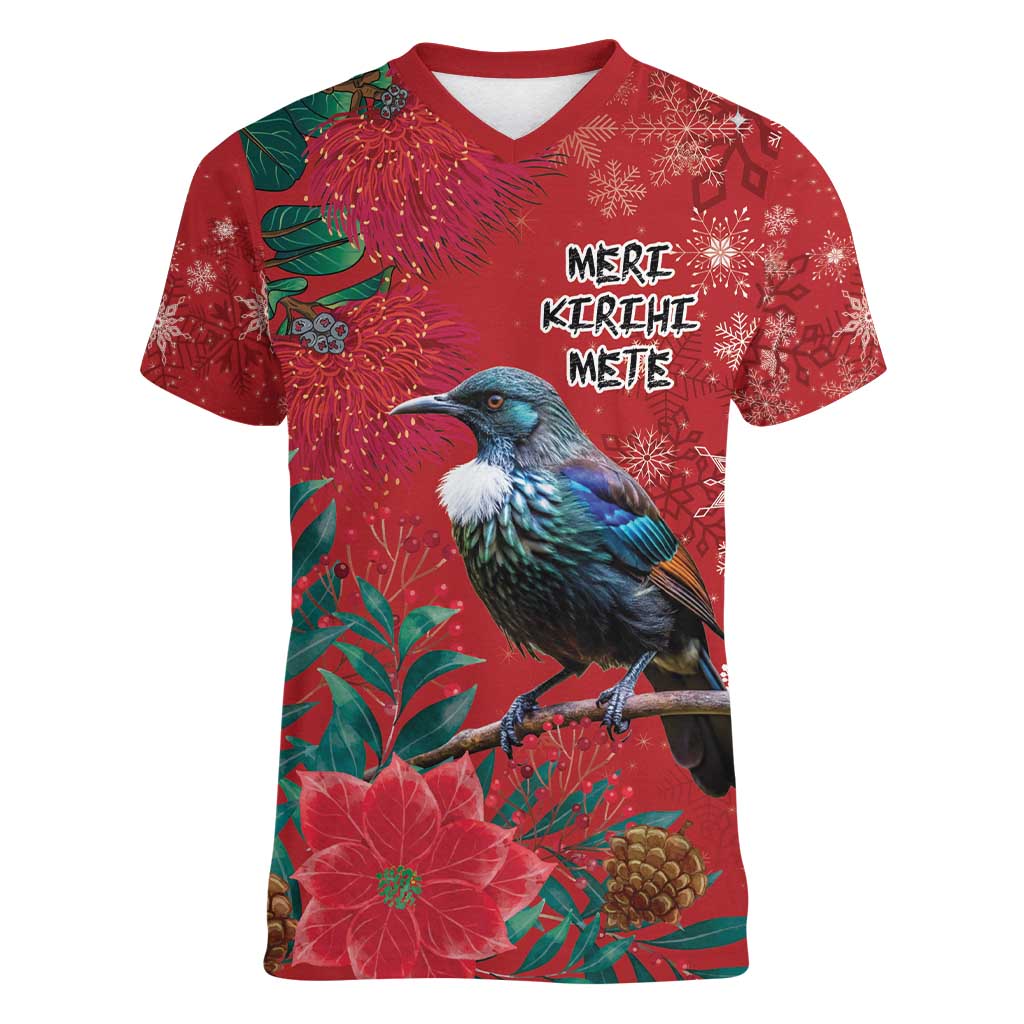 Tui Meri Kirihimete Personalised Women V-Neck T-Shirt Pohutukawa Flowers Red Motif LT9 Female Red - Polynesian Pride