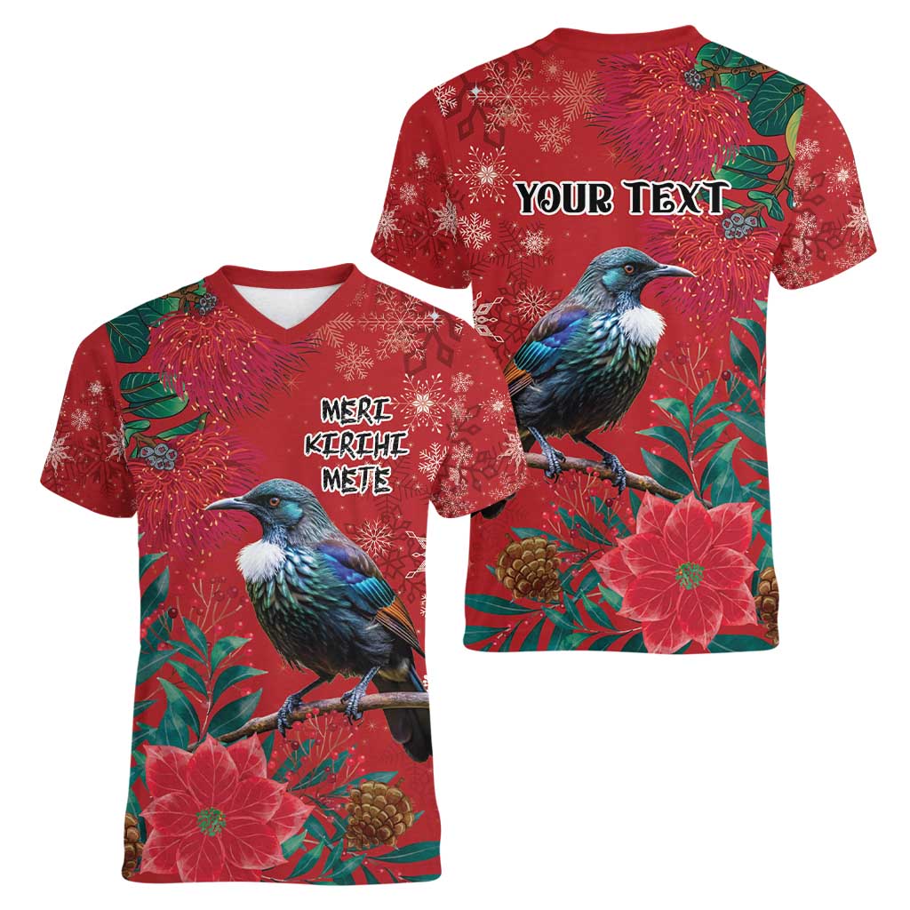 Tui Meri Kirihimete Personalised Women V-Neck T-Shirt Pohutukawa Flowers Red Motif LT9 - Polynesian Pride
