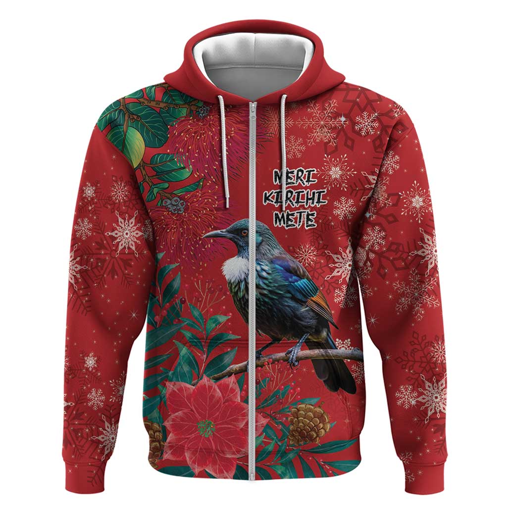 Tui Meri Kirihimete Personalised Zip Hoodie Pohutukawa Flowers Red Motif - Polynesian Pride