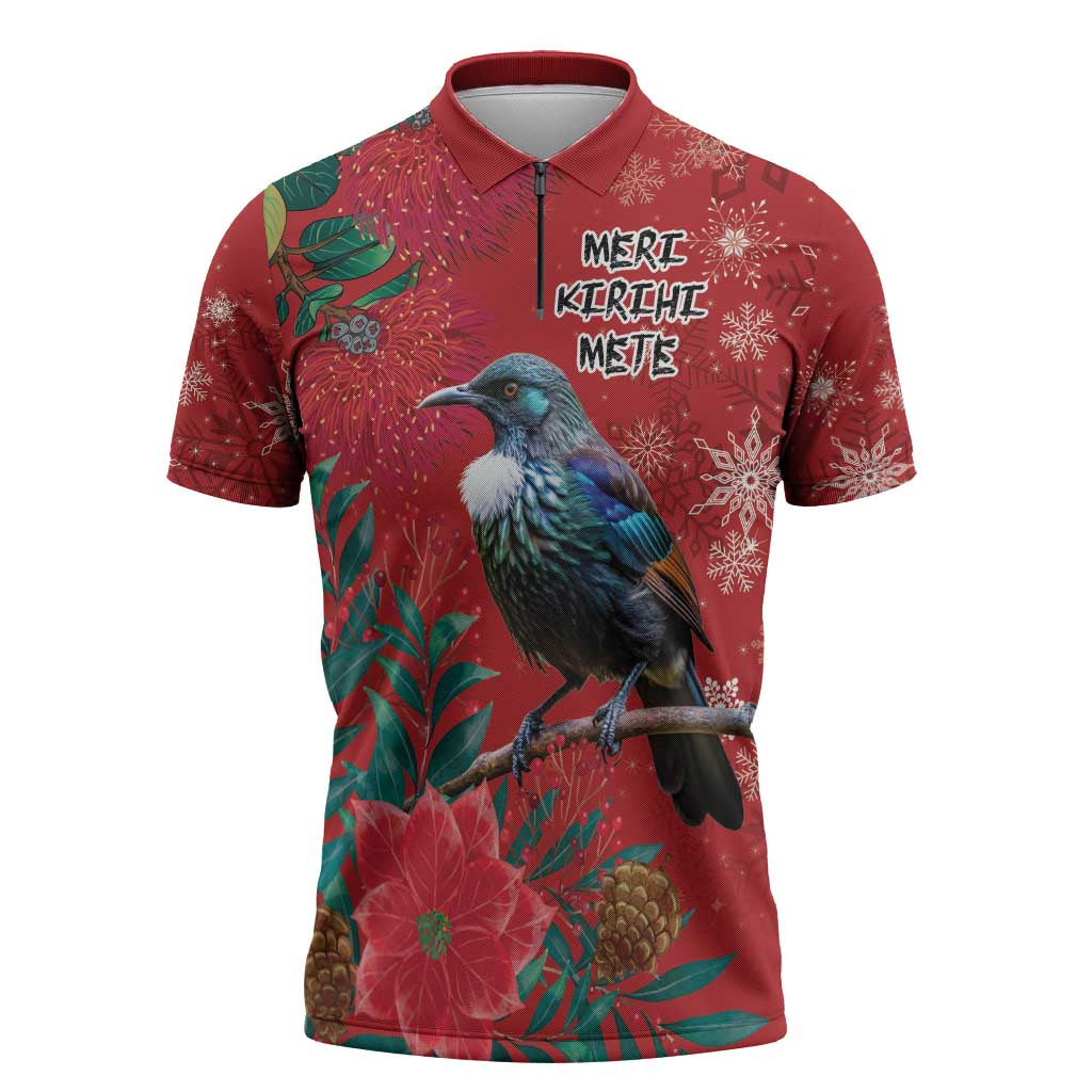 Tui Meri Kirihimete Personalised Zipper Polo Shirt Pohutukawa Flowers Red Motif - Polynesian Pride