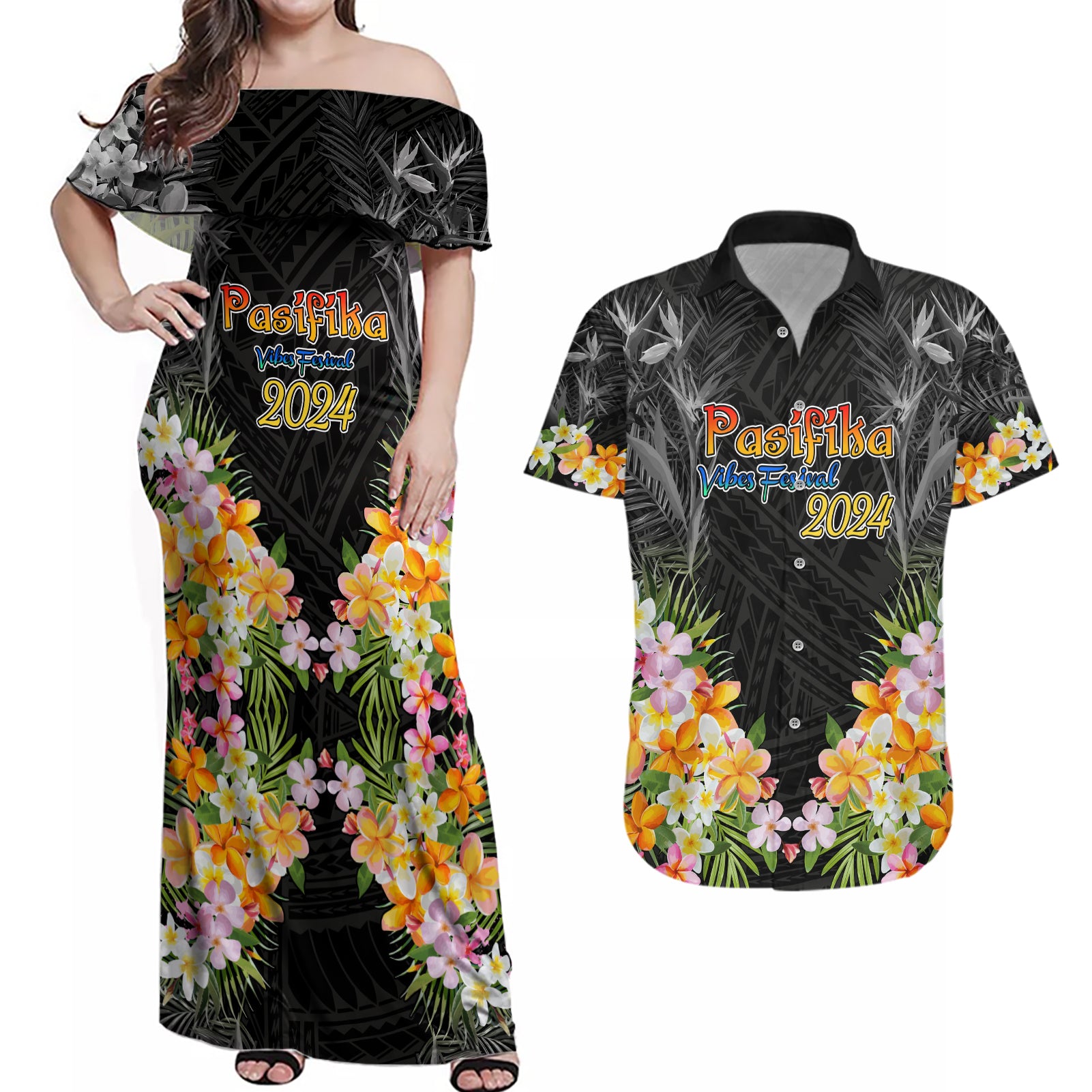 Pasifika Vibes Festival 2024 Auckland Couples Matching Off Shoulder Maxi Dress and Hawaiian Shirt LT9 Black - Polynesian Pride