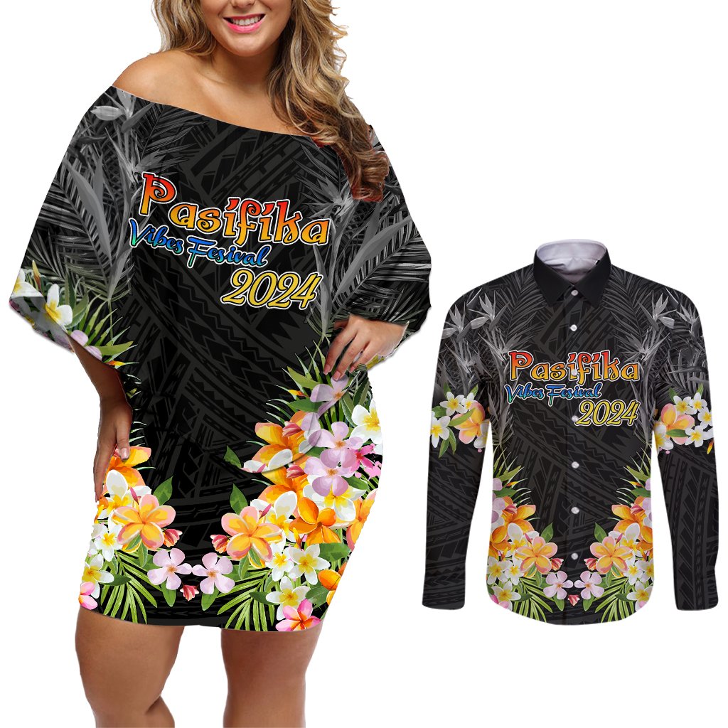 Pasifika Vibes Festival 2024 Auckland Couples Matching Off Shoulder Short Dress and Long Sleeve Button Shirt LT9 Black - Polynesian Pride