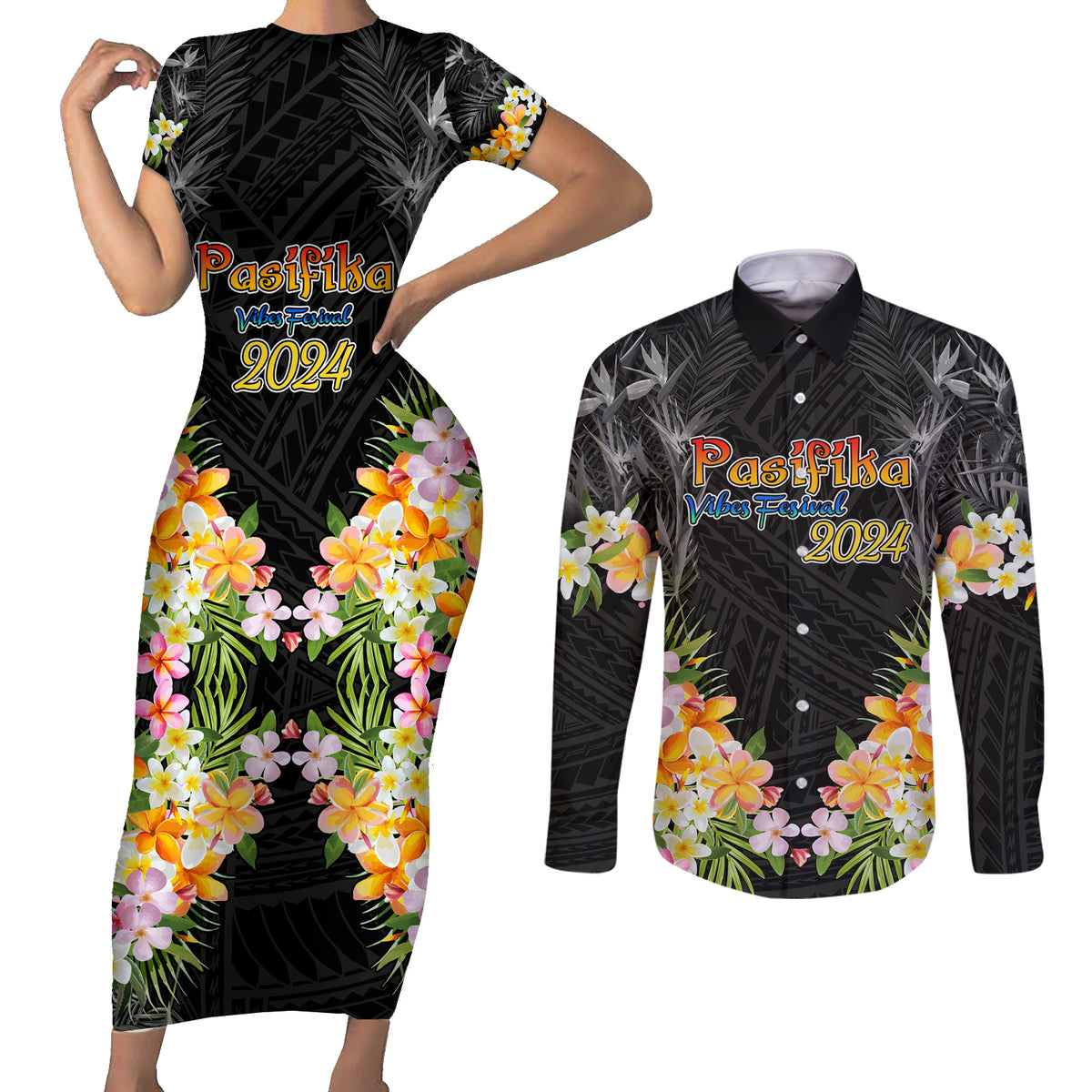 Pasifika Vibes Festival 2024 Auckland Couples Matching Short Sleeve Bodycon Dress and Long Sleeve Button Shirt LT9 Black - Polynesian Pride