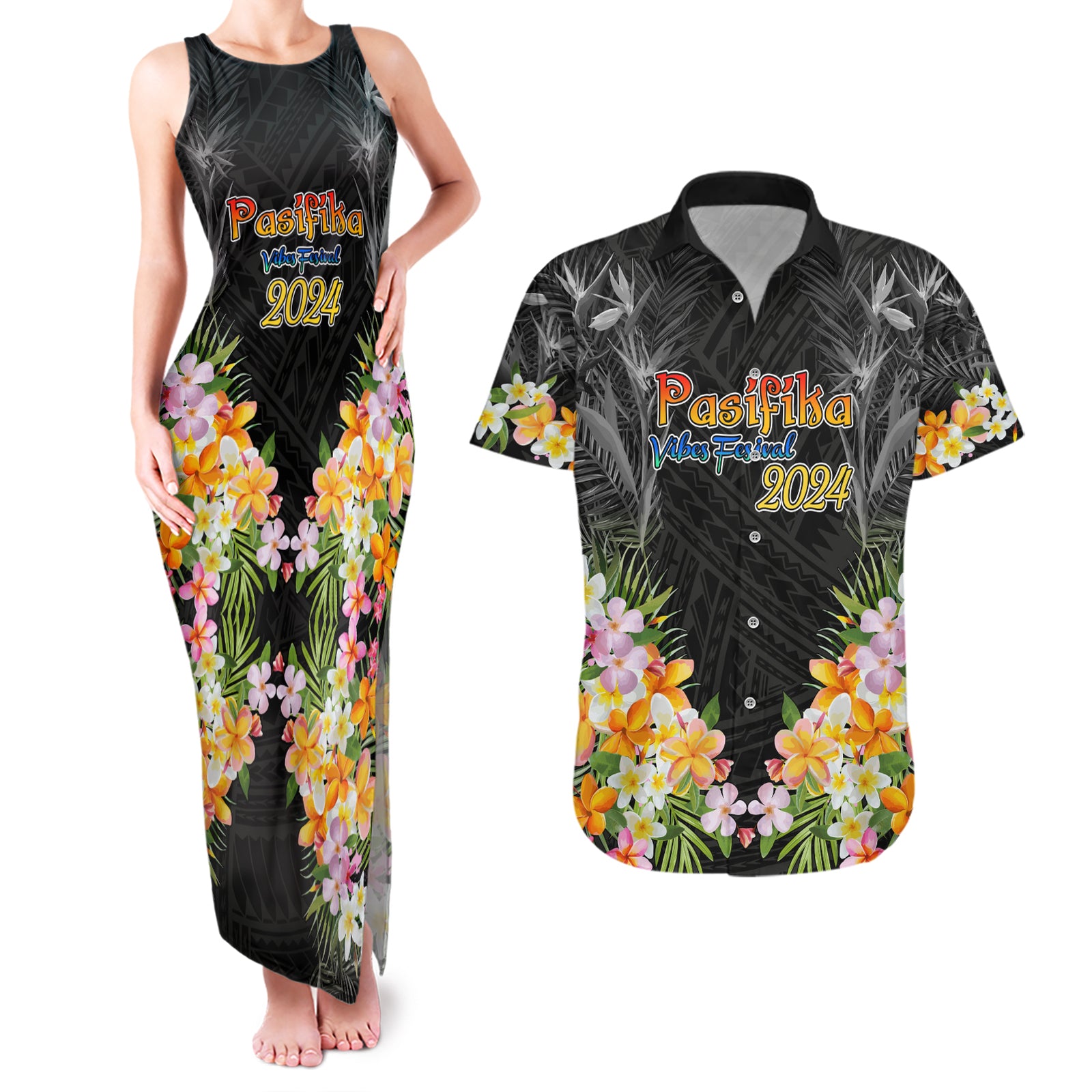 Pasifika Vibes Festival 2024 Auckland Couples Matching Tank Maxi Dress and Hawaiian Shirt LT9 Black - Polynesian Pride