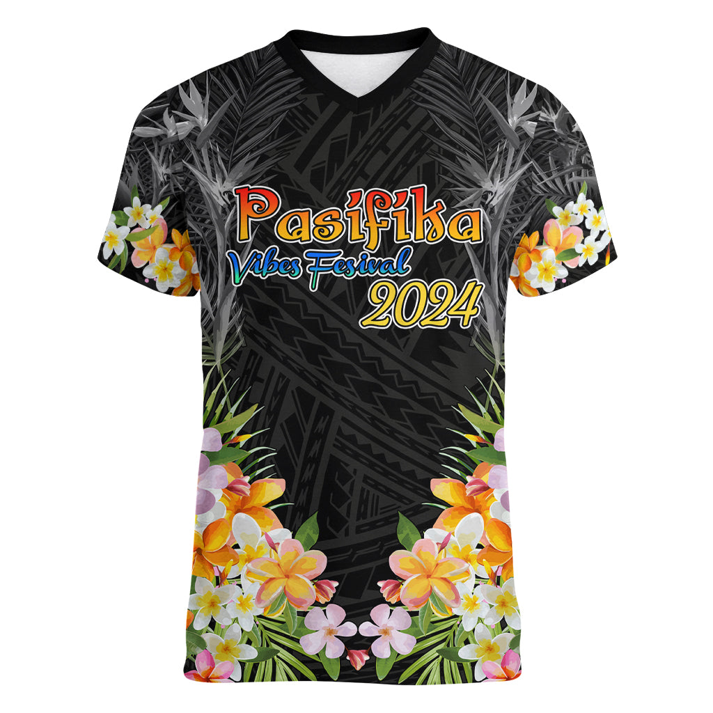 Pasifika Vibes Festival 2024 Auckland Women V Neck T Shirt LT9 Female Black - Polynesian Pride