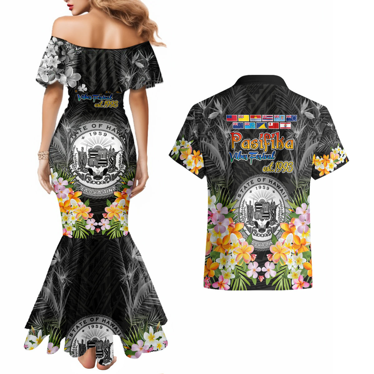 Pasifika Vibes Festival 2024 Couples Matching Mermaid Dress and Hawaiian Shirt Kanaka Maoli With Hawaiian Islands LT9 - Polynesian Pride