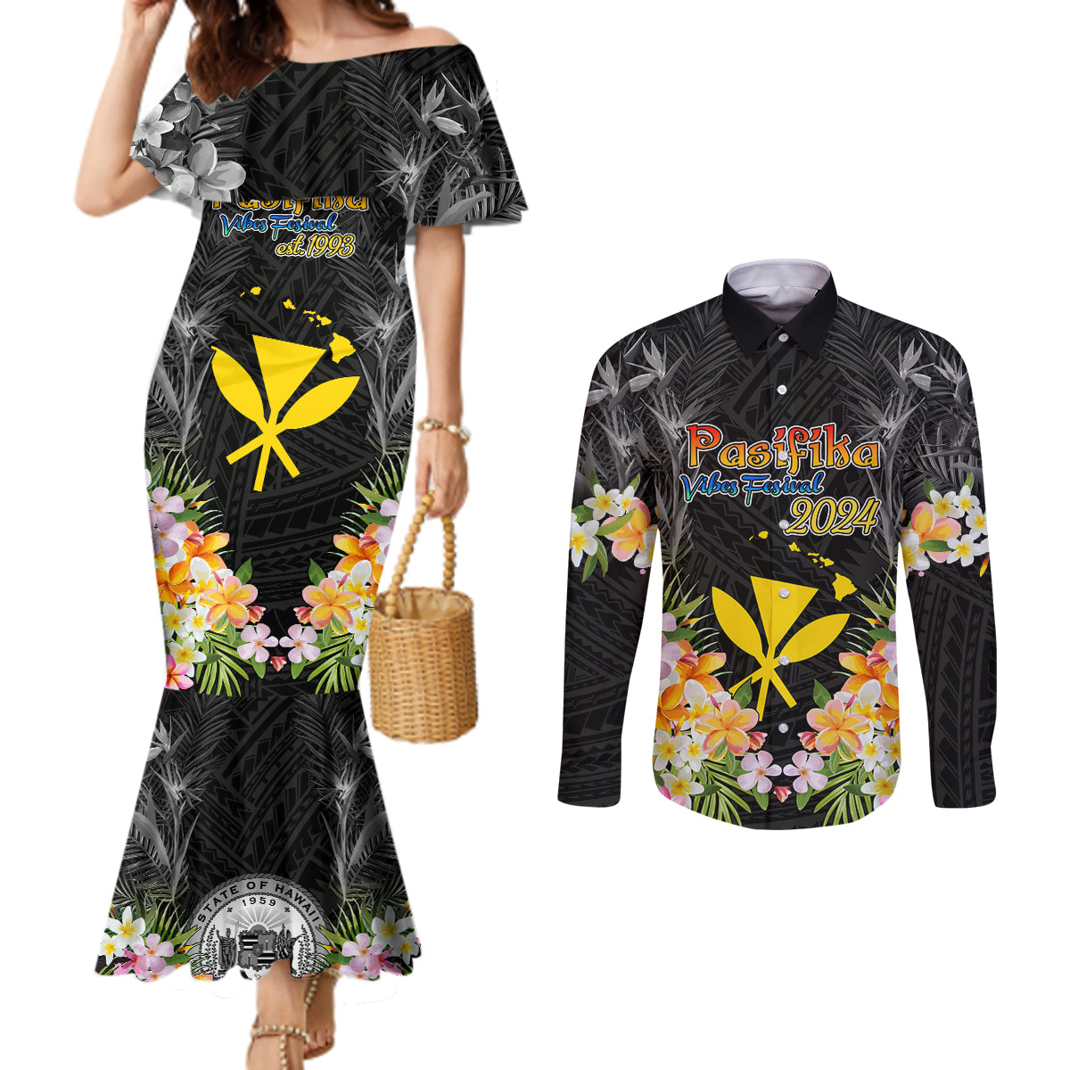 Pasifika Vibes Festival 2024 Couples Matching Mermaid Dress and Long Sleeve Button Shirt Kanaka Maoli With Hawaiian Islands LT9 Black - Polynesian Pride