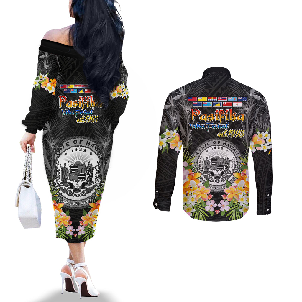 Pasifika Vibes Festival 2024 Couples Matching Off The Shoulder Long Sleeve Dress and Long Sleeve Button Shirt Kanaka Maoli With Hawaiian Islands LT9 - Polynesian Pride