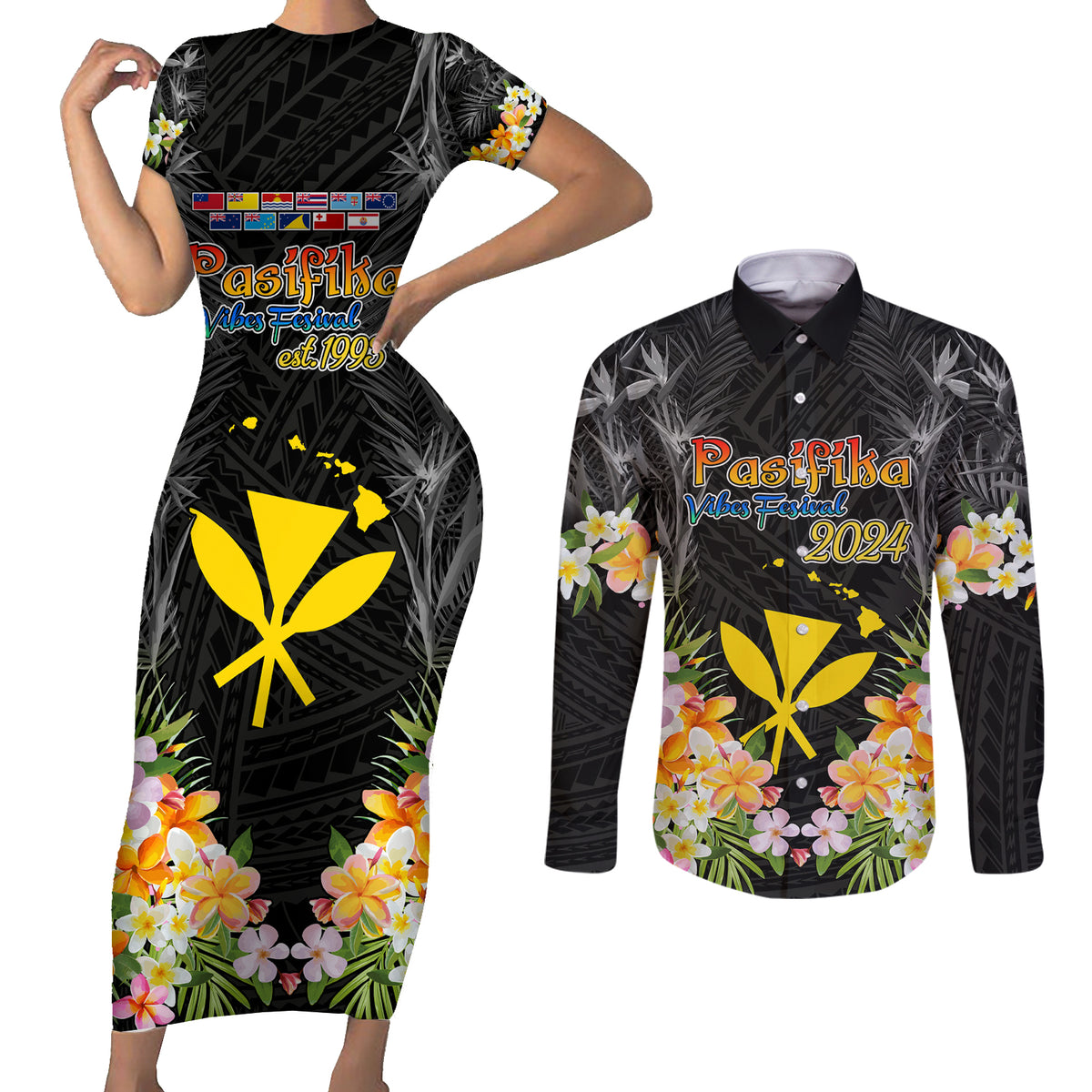Pasifika Vibes Festival 2024 Couples Matching Short Sleeve Bodycon Dress and Long Sleeve Button Shirt Kanaka Maoli With Hawaiian Islands LT9 Black - Polynesian Pride