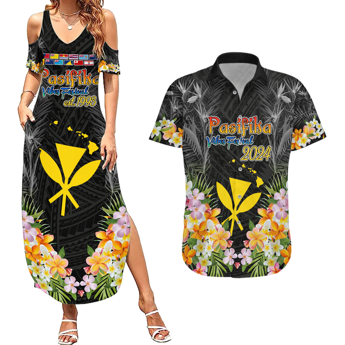 Pasifika Vibes Festival 2024 Couples Matching Summer Maxi Dress and Hawaiian Shirt Kanaka Maoli With Hawaiian Islands LT9 Black - Polynesian Pride
