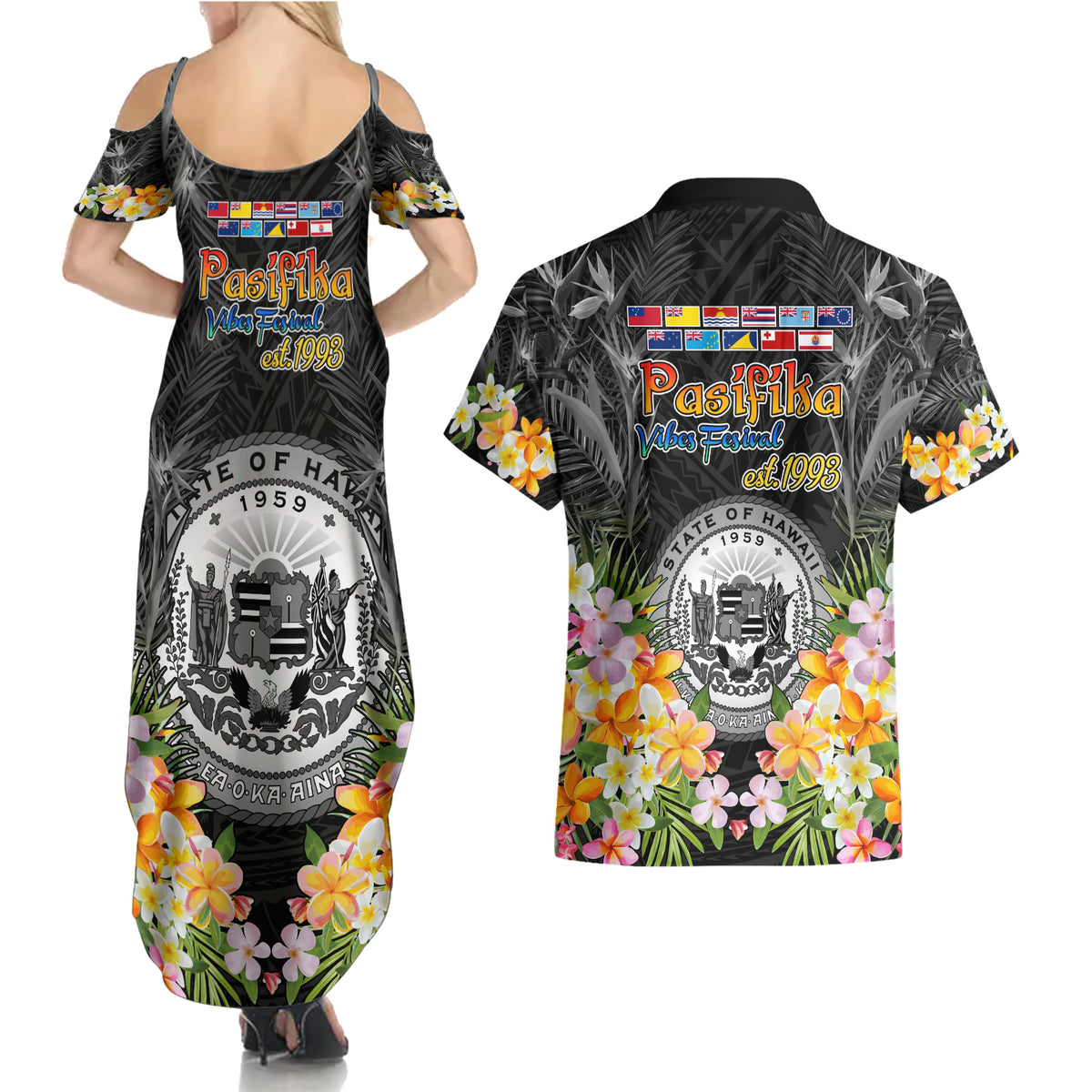 Pasifika Vibes Festival 2024 Couples Matching Summer Maxi Dress and Hawaiian Shirt Kanaka Maoli With Hawaiian Islands LT9 - Polynesian Pride