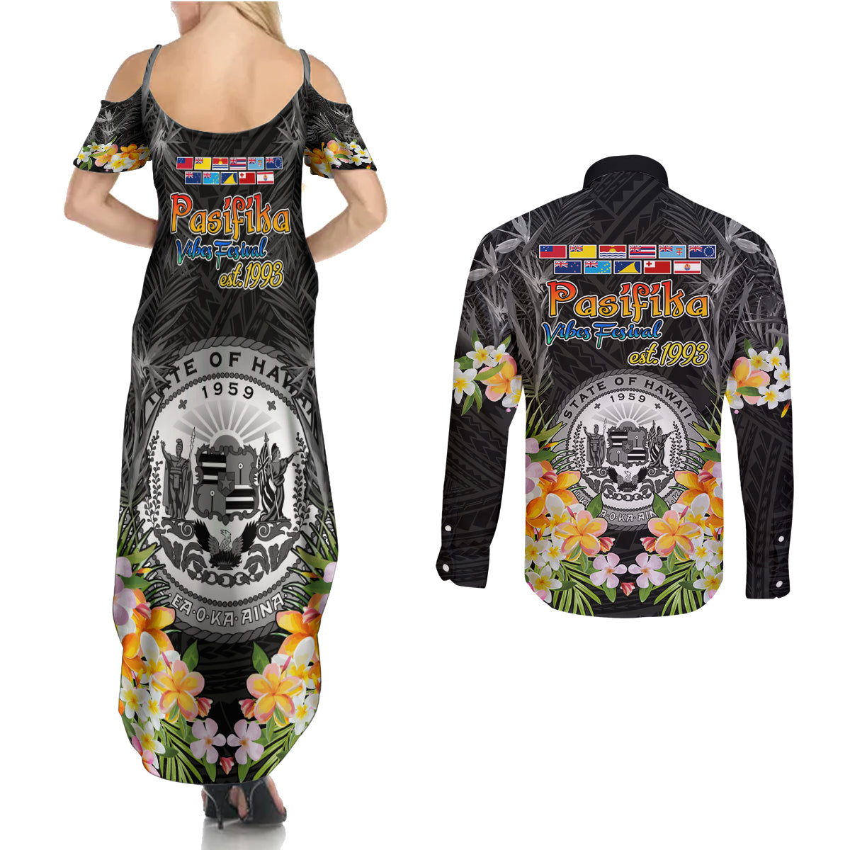 Pasifika Vibes Festival 2024 Couples Matching Summer Maxi Dress and Long Sleeve Button Shirt Kanaka Maoli With Hawaiian Islands LT9 - Polynesian Pride