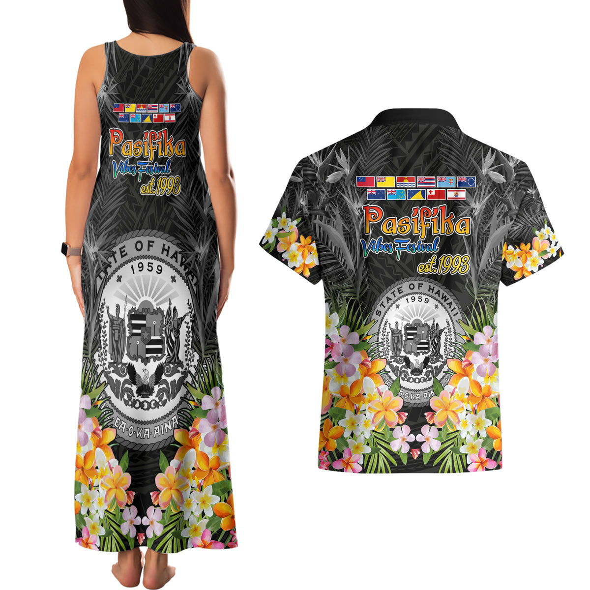 Pasifika Vibes Festival 2024 Couples Matching Tank Maxi Dress and Hawaiian Shirt Kanaka Maoli With Hawaiian Islands LT9 - Polynesian Pride