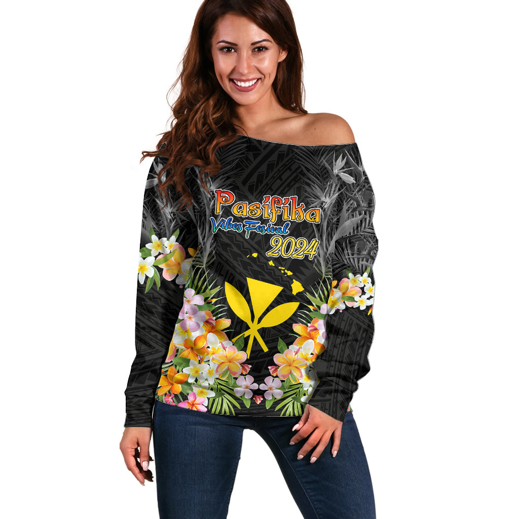 Pasifika Vibes Festival 2024 Off Shoulder Sweater Kanaka Maoli With Hawaiian Islands LT9 Women Black - Polynesian Pride