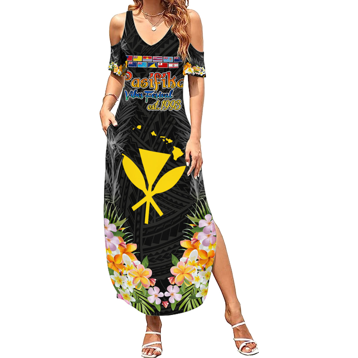 Pasifika Vibes Festival 2024 Summer Maxi Dress Kanaka Maoli With Hawaiian Islands LT9 Women Black - Polynesian Pride