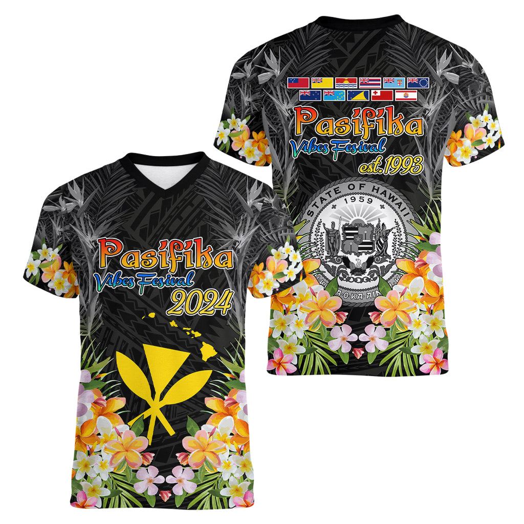 Pasifika Vibes Festival 2024 Women V Neck T Shirt Kanaka Maoli With Hawaiian Islands LT9 - Polynesian Pride