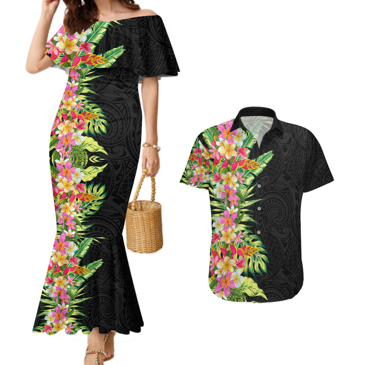 Hawaii Tropical Flowers Tribal Pattern Couples Matching Mermaid Dress and Hawaiian Shirt No1 LT9 Black - Polynesian Pride