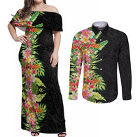 Hawaii Tropical Flowers Tribal Pattern Couples Matching Off Shoulder Maxi Dress and Long Sleeve Button Shirt No1 LT9 Black - Polynesian Pride