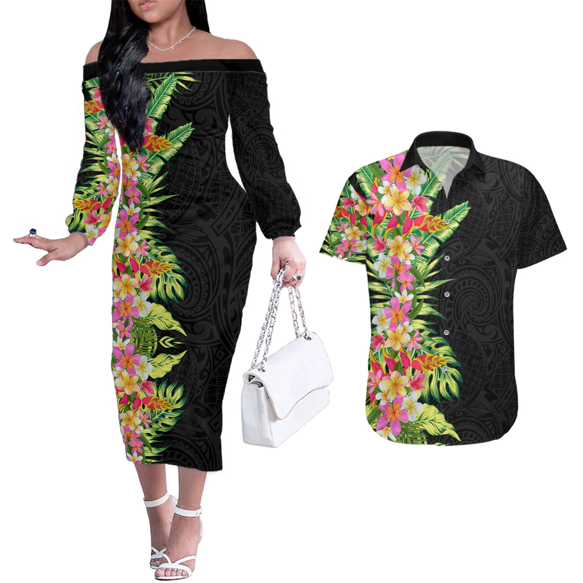 Hawaii Tropical Flowers Tribal Pattern Couples Matching Off The Shoulder Long Sleeve Dress and Hawaiian Shirt No1 LT9 Black - Polynesian Pride