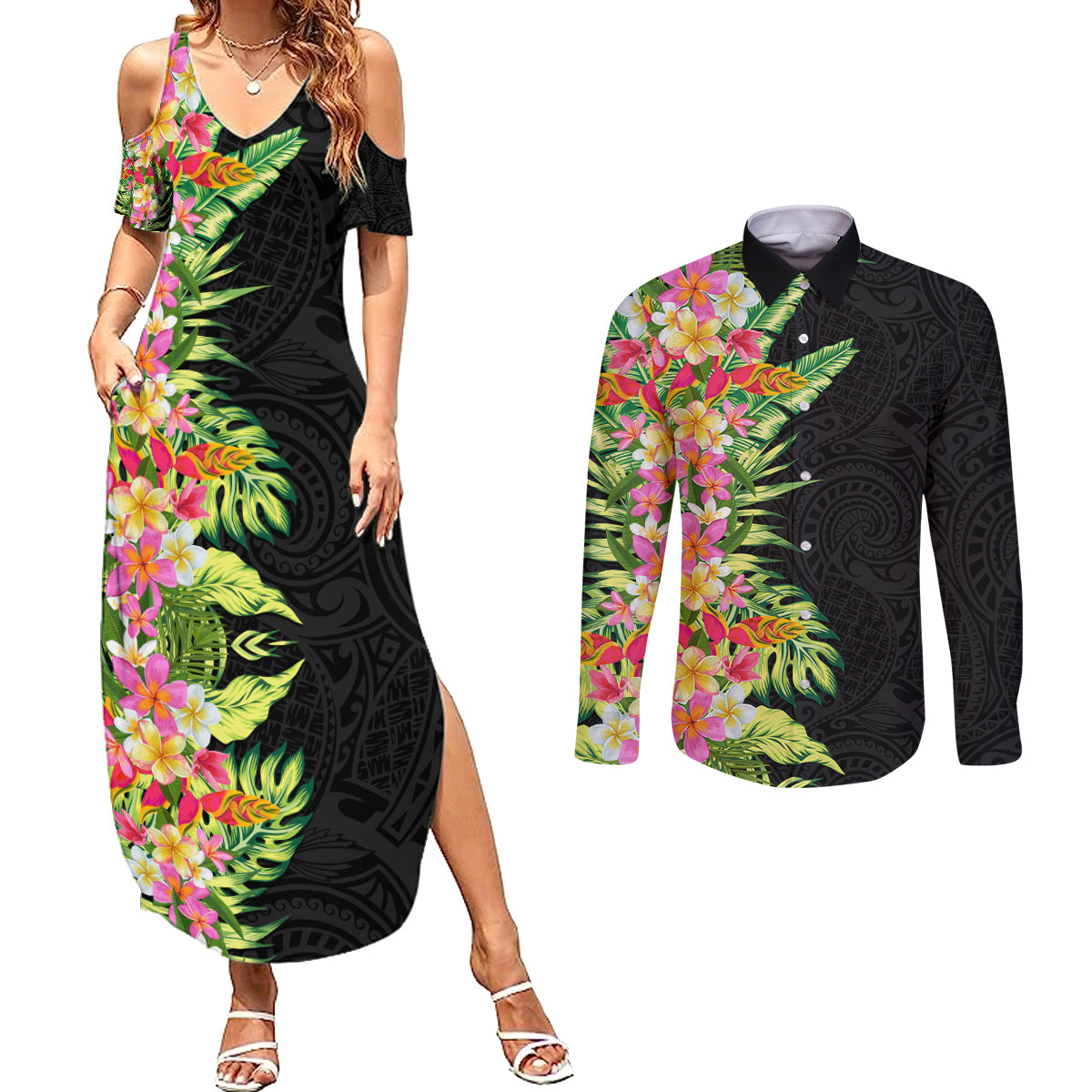 Hawaii Tropical Flowers Tribal Pattern Couples Matching Summer Maxi Dress and Long Sleeve Button Shirt No1 LT9 Black - Polynesian Pride