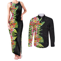 Hawaii Tropical Flowers Tribal Pattern Couples Matching Tank Maxi Dress and Long Sleeve Button Shirt No1 LT9 Black - Polynesian Pride