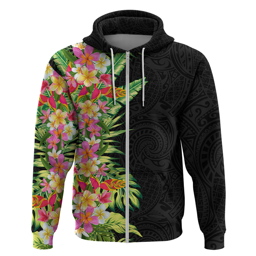 Hawaii Tropical Flowers Tribal Pattern Hoodie No1 LT9 Zip Hoodie Black - Polynesian Pride