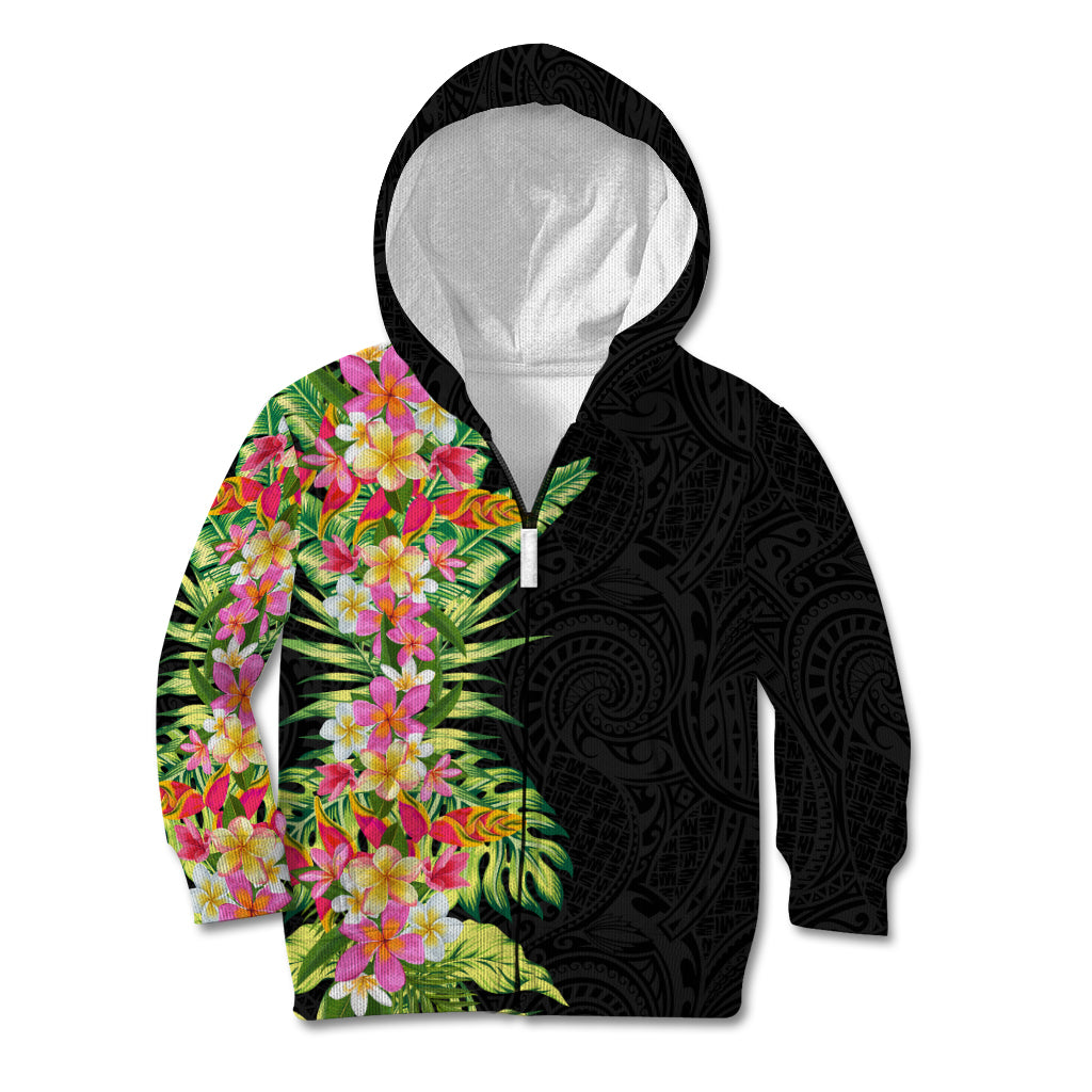 Hawaii Tropical Flowers Tribal Pattern Kid Hoodie No1 LT9 Zip Hoodie Black - Polynesian Pride