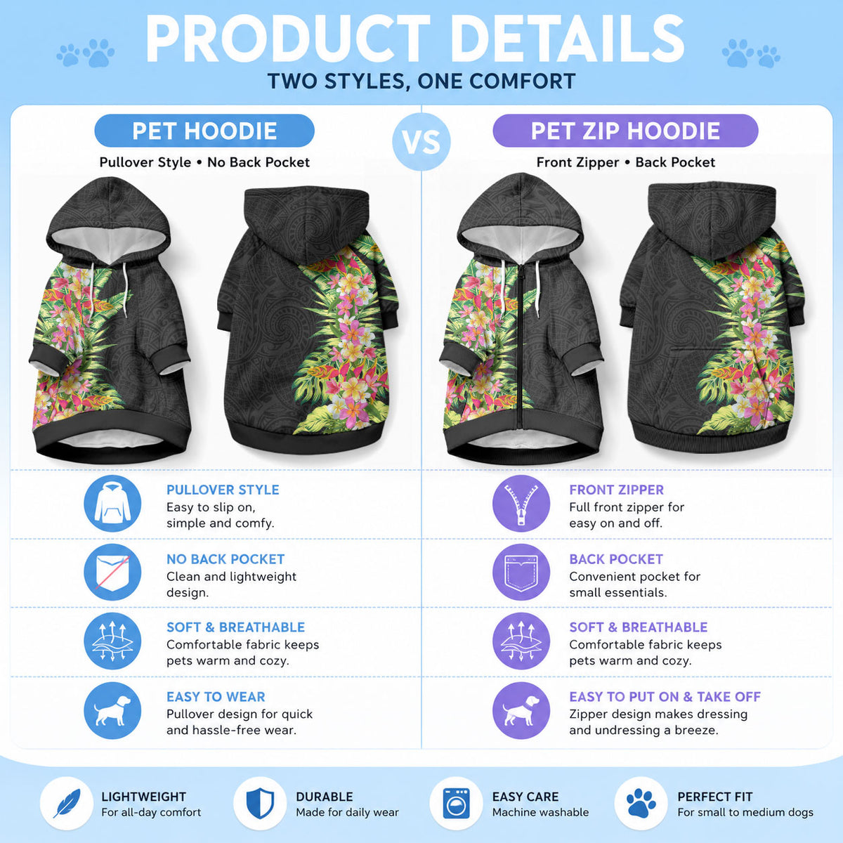 Hawaii Tropical Flowers Tribal Pattern Pet Hoodie No1 LT9 - Polynesian Pride