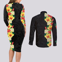 Hawaii Tropical Flowers Tribal Pattern Couples Matching Long Sleeve Bodycon Dress and Long Sleeve Button Shirt No2 LT9 - Polynesian Pride