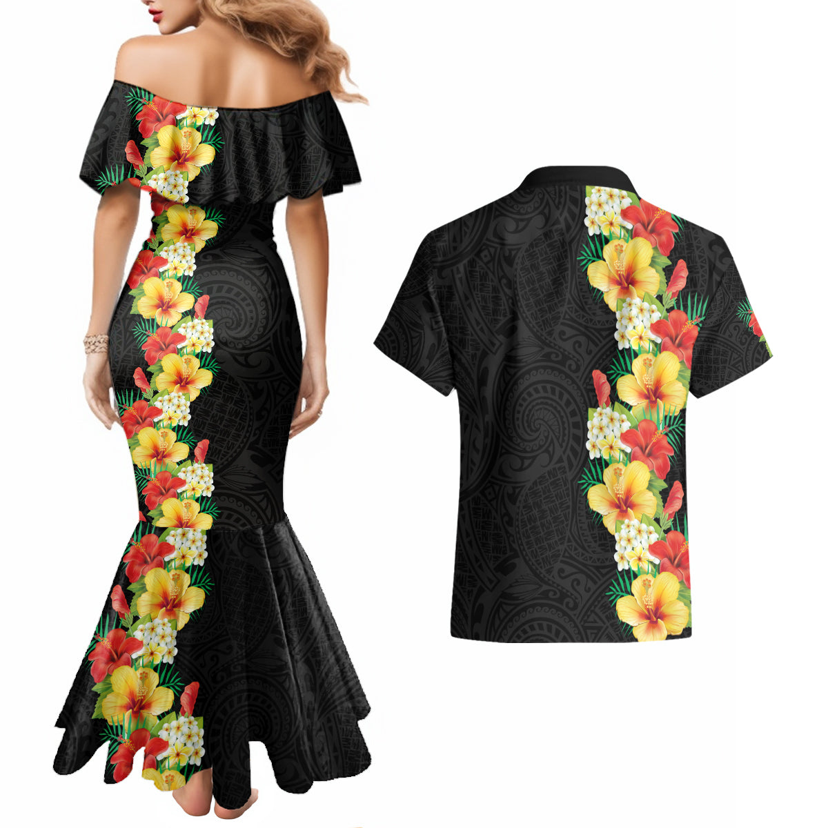 Hawaii Tropical Flowers Tribal Pattern Couples Matching Mermaid Dress and Hawaiian Shirt No2 LT9 - Polynesian Pride