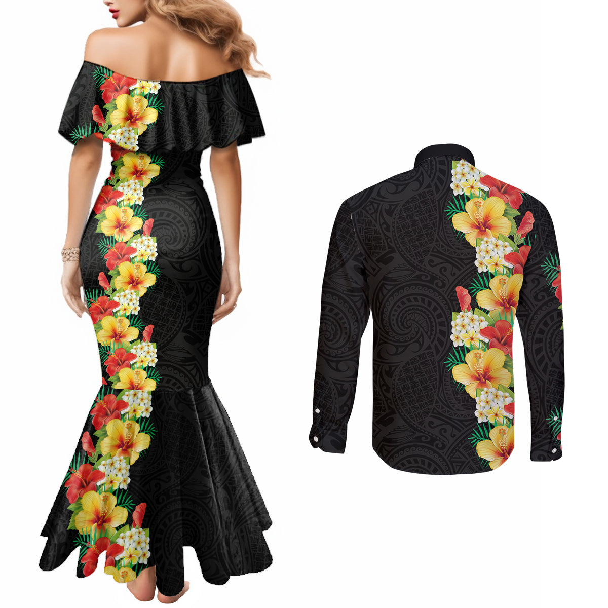 Hawaii Tropical Flowers Tribal Pattern Couples Matching Mermaid Dress and Long Sleeve Button Shirt No2 LT9 - Polynesian Pride