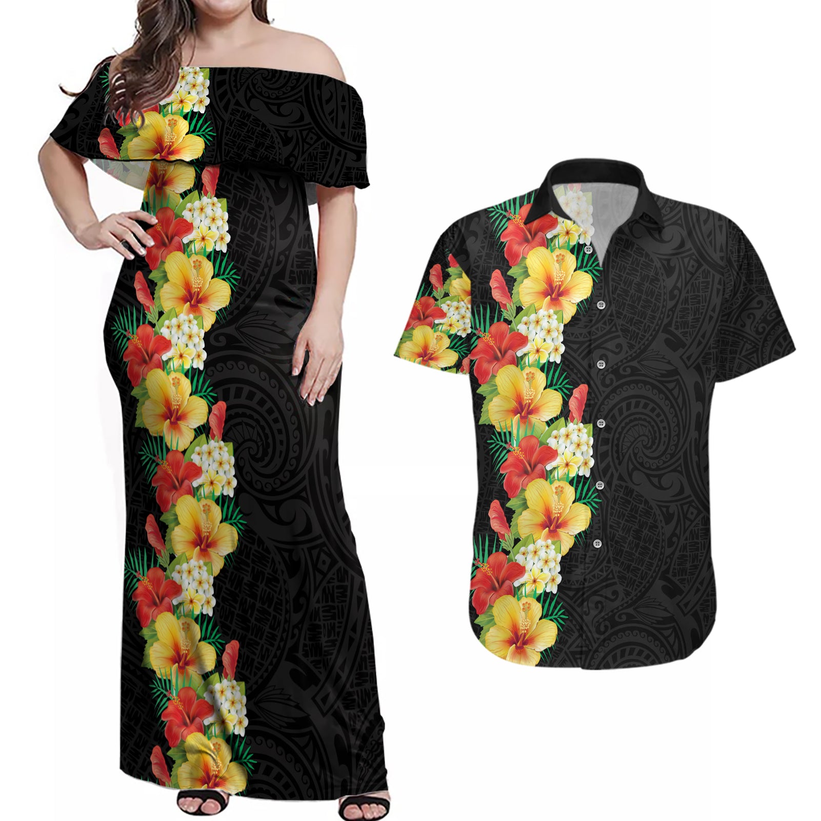 Hawaii Tropical Flowers Tribal Pattern Couples Matching Off Shoulder Maxi Dress and Hawaiian Shirt No2 LT9 Black - Polynesian Pride