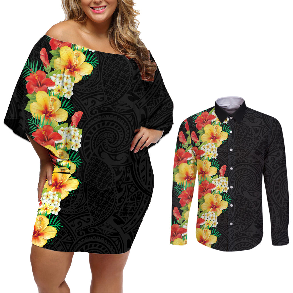 Hawaii Tropical Flowers Tribal Pattern Couples Matching Off Shoulder Short Dress and Long Sleeve Button Shirt No2 LT9 Black - Polynesian Pride