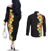 Hawaii Tropical Flowers Tribal Pattern Couples Matching Off The Shoulder Long Sleeve Dress and Long Sleeve Button Shirt No2 LT9 - Polynesian Pride