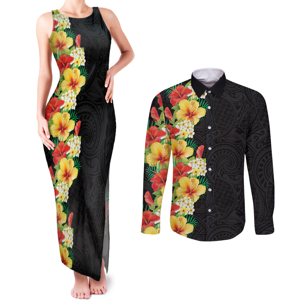 Hawaii Tropical Flowers Tribal Pattern Couples Matching Tank Maxi Dress and Long Sleeve Button Shirt No2 LT9 Black - Polynesian Pride