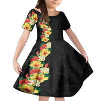 Hawaii Tropical Flowers Tribal Pattern Family Matching Puletasi and Hawaiian Shirt No2 LT9 Daughter's Dress Black - Polynesian Pride