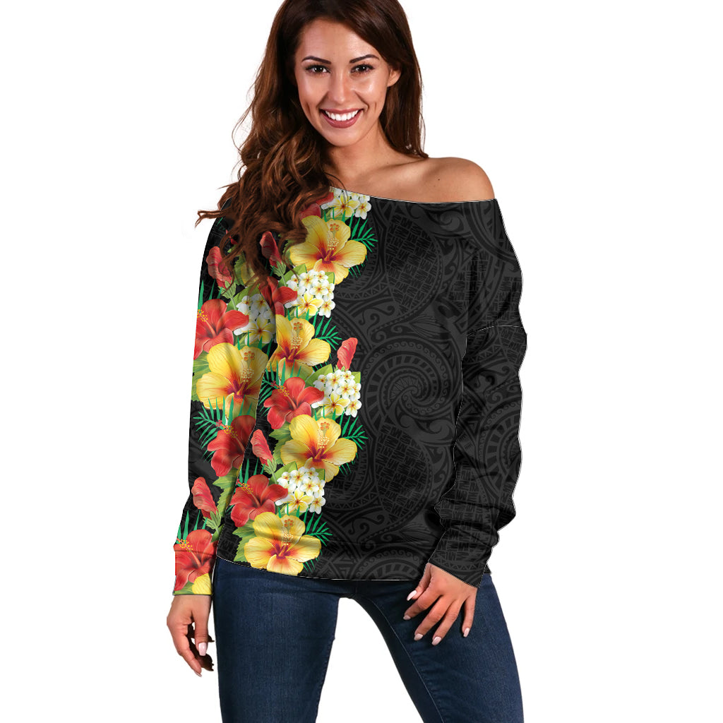 Hawaii Tropical Flowers Tribal Pattern Off Shoulder Sweater No2 LT9 Women Black - Polynesian Pride