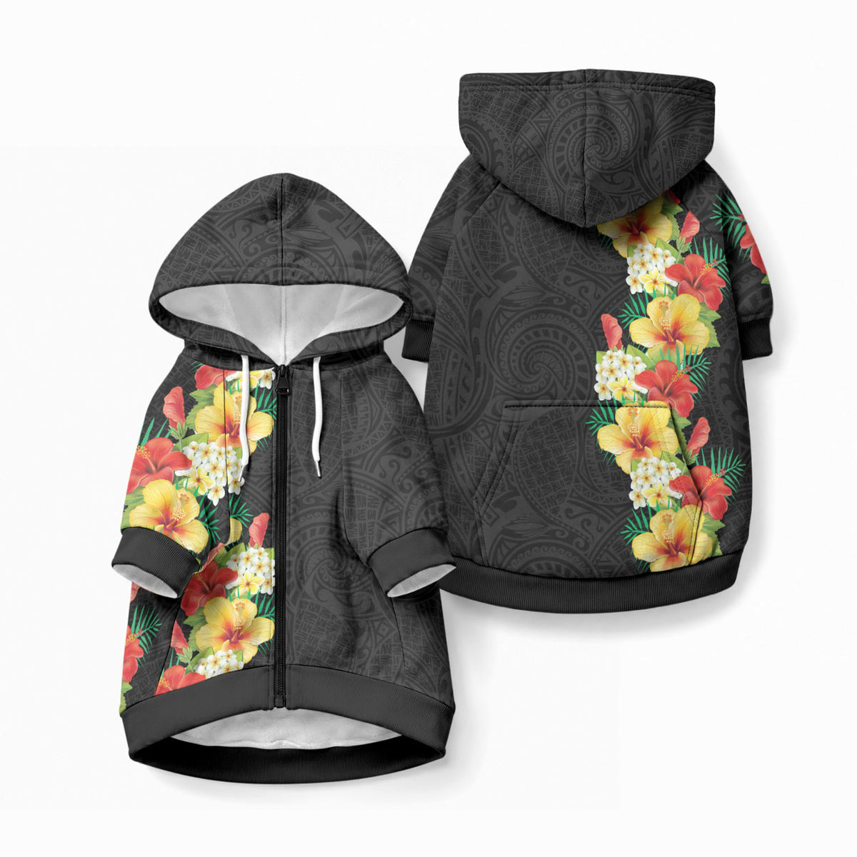 Hawaii Tropical Flowers Tribal Pattern Pet Hoodie No2 LT9 Zip-up Black - Polynesian Pride