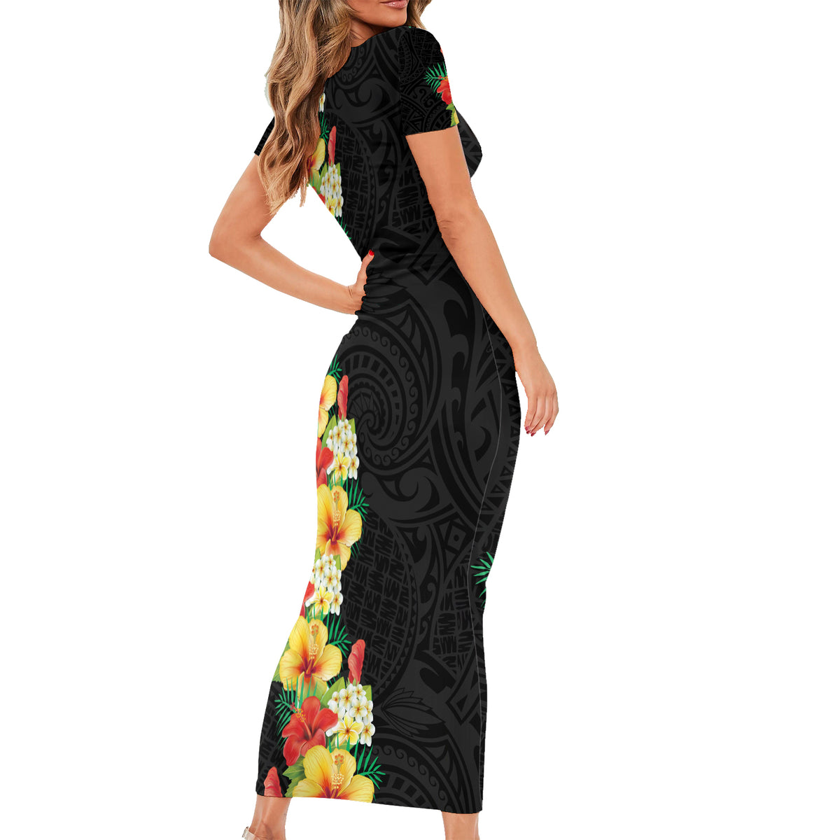 Hawaii Tropical Flowers Tribal Pattern Short Sleeve Bodycon Dress No2 LT9 - Polynesian Pride