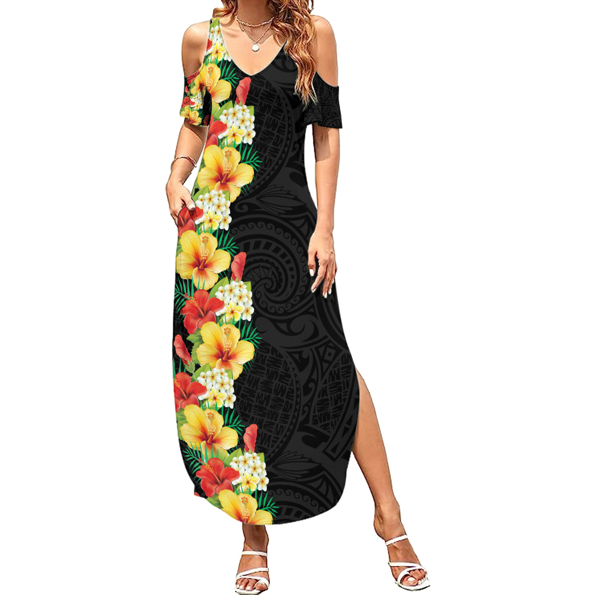 Hawaii Tropical Flowers Tribal Pattern Summer Maxi Dress No2 LT9 Women Black - Polynesian Pride