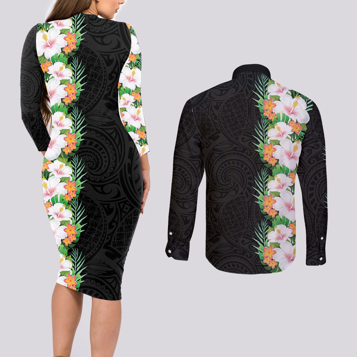 Hawaii Tropical Flowers Tribal Pattern Couples Matching Long Sleeve Bodycon Dress and Long Sleeve Button Shirt No3 LT9 - Polynesian Pride
