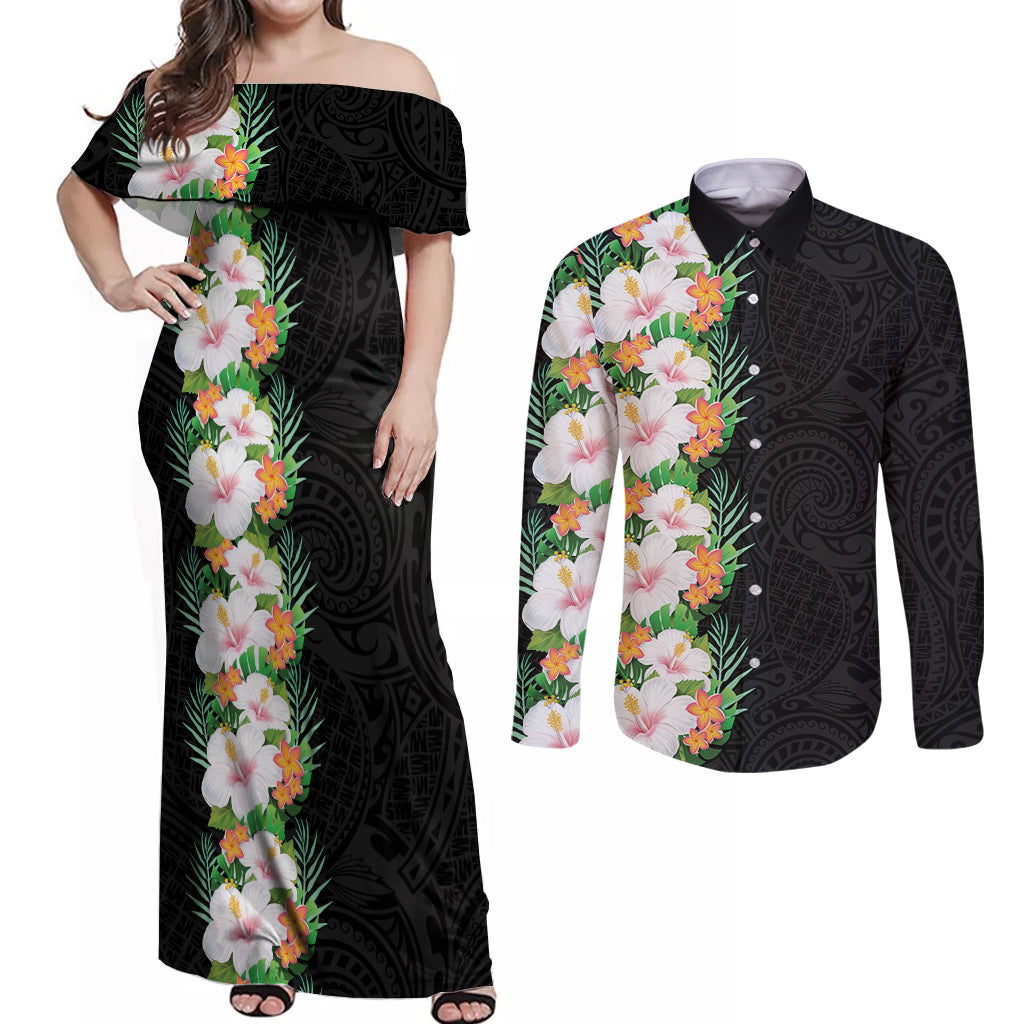 Hawaii Tropical Flowers Tribal Pattern Couples Matching Off Shoulder Maxi Dress and Long Sleeve Button Shirt No3 LT9 Black - Polynesian Pride