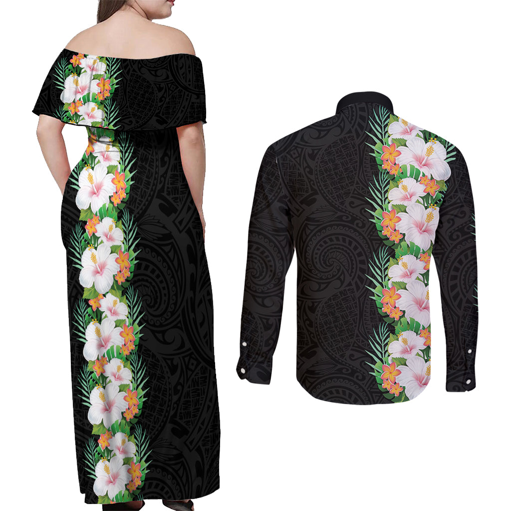 Hawaii Tropical Flowers Tribal Pattern Couples Matching Off Shoulder Maxi Dress and Long Sleeve Button Shirt No3 LT9 - Polynesian Pride