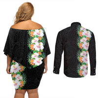 Hawaii Tropical Flowers Tribal Pattern Couples Matching Off Shoulder Short Dress and Long Sleeve Button Shirt No3 LT9 - Polynesian Pride