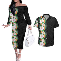 Hawaii Tropical Flowers Tribal Pattern Couples Matching Off The Shoulder Long Sleeve Dress and Hawaiian Shirt No3 LT9 Black - Polynesian Pride