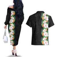 Hawaii Tropical Flowers Tribal Pattern Couples Matching Off The Shoulder Long Sleeve Dress and Hawaiian Shirt No3 LT9 - Polynesian Pride