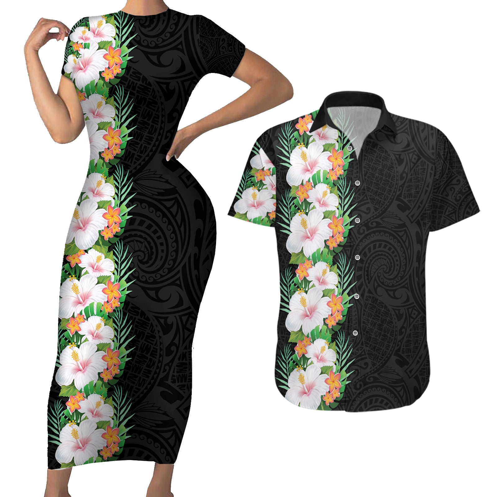 Hawaii Tropical Flowers Tribal Pattern Couples Matching Short Sleeve Bodycon Dress and Hawaiian Shirt No3 LT9 Black - Polynesian Pride